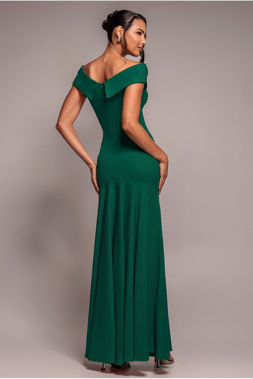 Scuba Crepe Off Shoulder Front Split Maxi Dress - Emerald Green DR2930SC