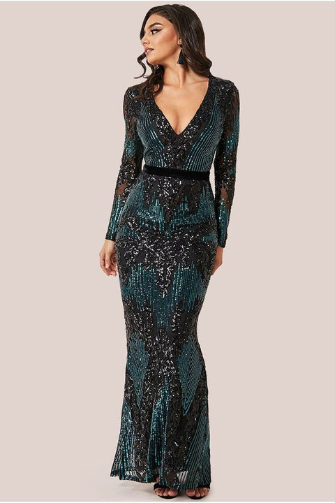 Long Sleeve Sequin Evening Maxi Dress - Emerald by Goddiva