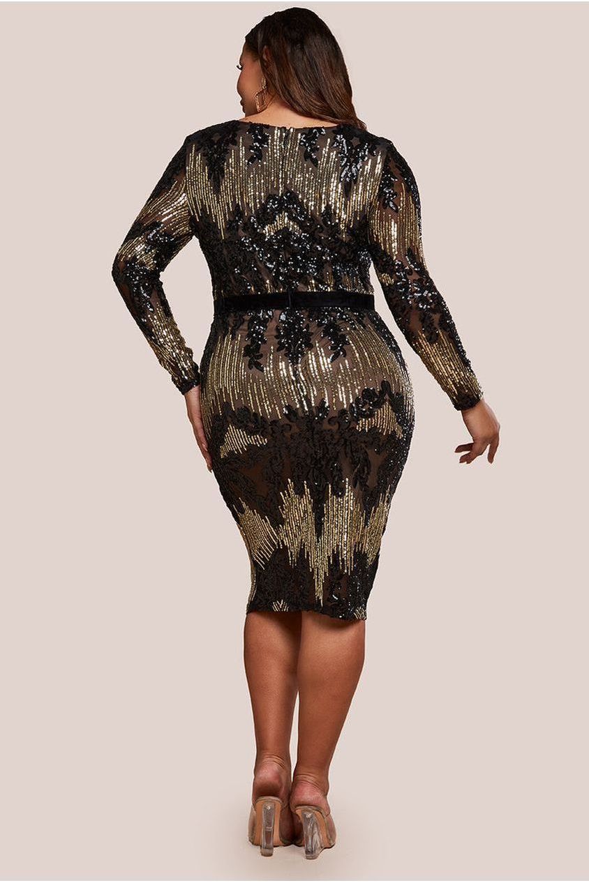 Long Sleeve Sequin Party Midi Dress - Black DR3038P