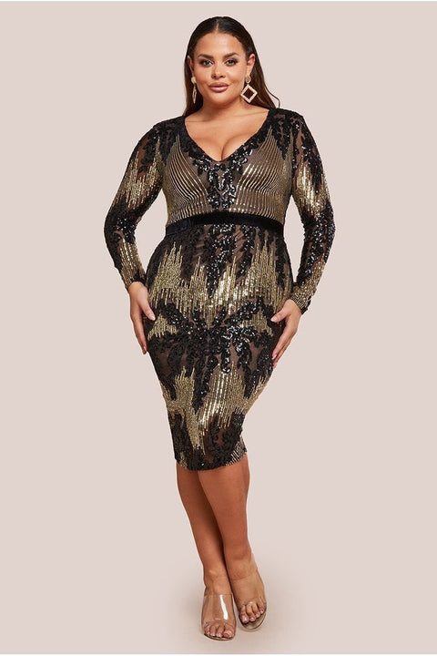 Long Sleeve Sequin Party Midi Dress - Black by Goddiva Plus