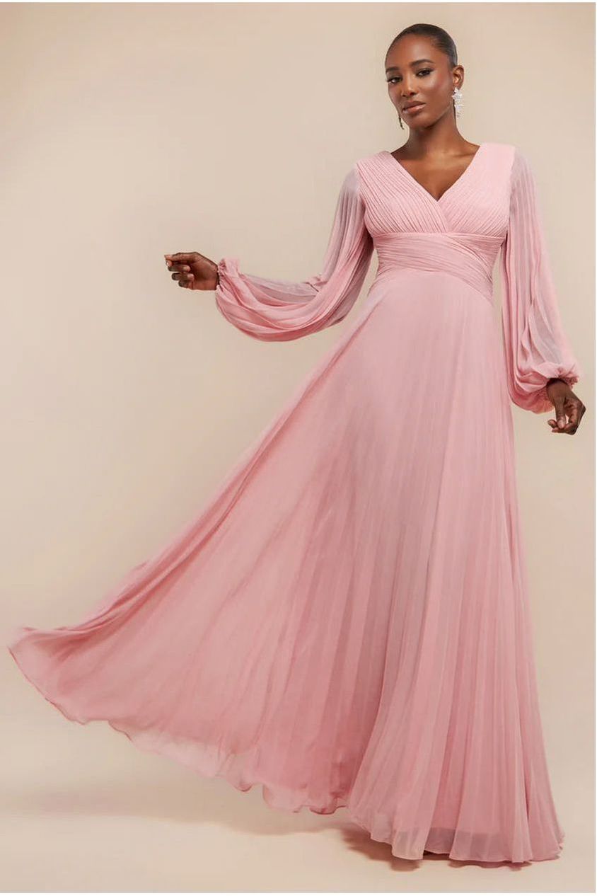 Balloon Sleeve Chiffon Maxi Dress - Blush Pink DR3041QZ