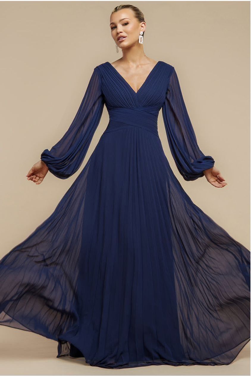 Balloon Sleeve Chiffon Maxi Dress - Navy Blue DR3041QZ