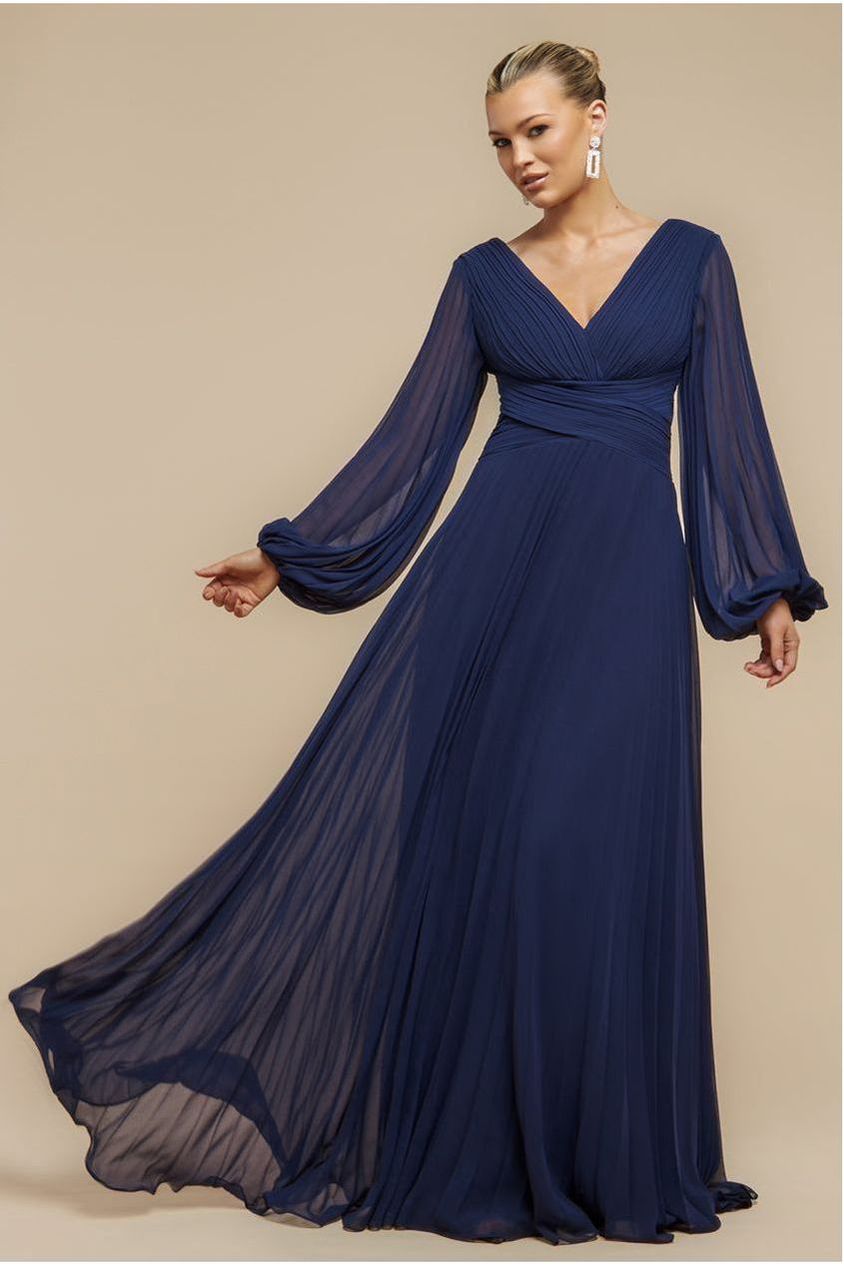 Balloon Sleeve Chiffon Maxi Dress - Navy Blue DR3041QZ