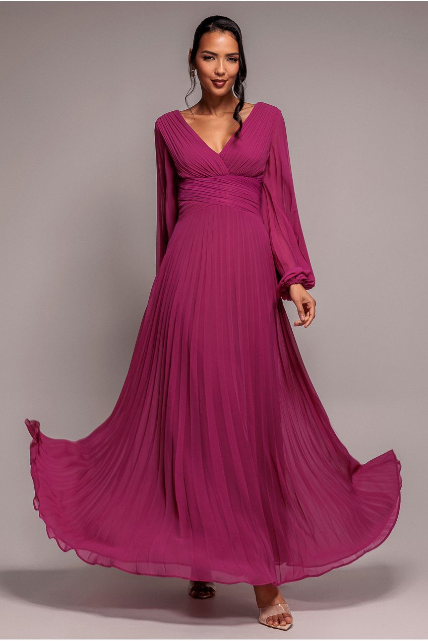 Balloon Sleeve Chiffon Maxi Dress - Magenta | Goddiva Balloon Sleeve Chiffon Maxi Dress - Magenta | Goddiva