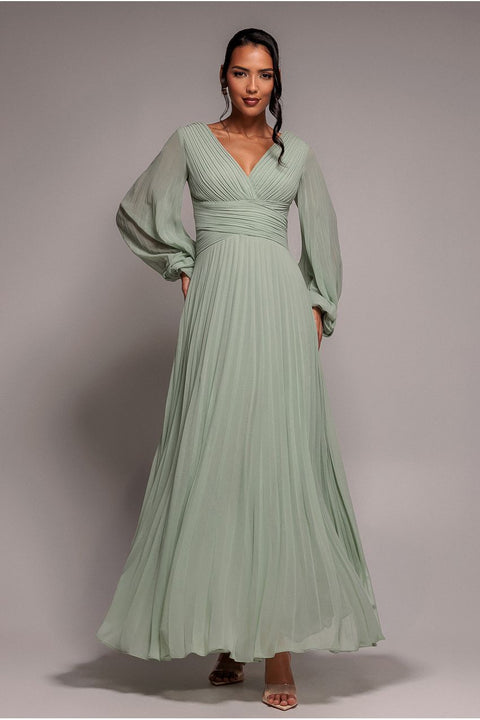 Balloon Sleeve Chiffon Maxi Dress - Sage Green by Goddiva
