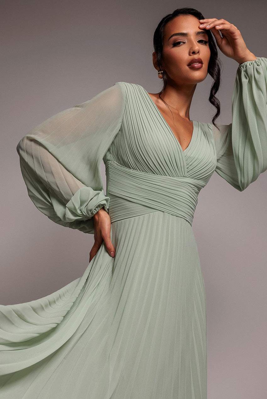 Balloon Sleeve Chiffon Maxi Dress - Sage Green DR3041QZ