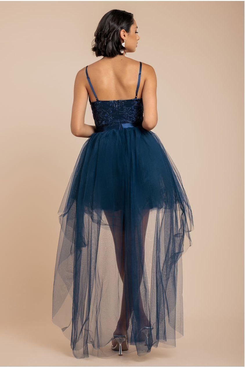 High Low Tulle Mini With Lace Bodice - Navy DR3061