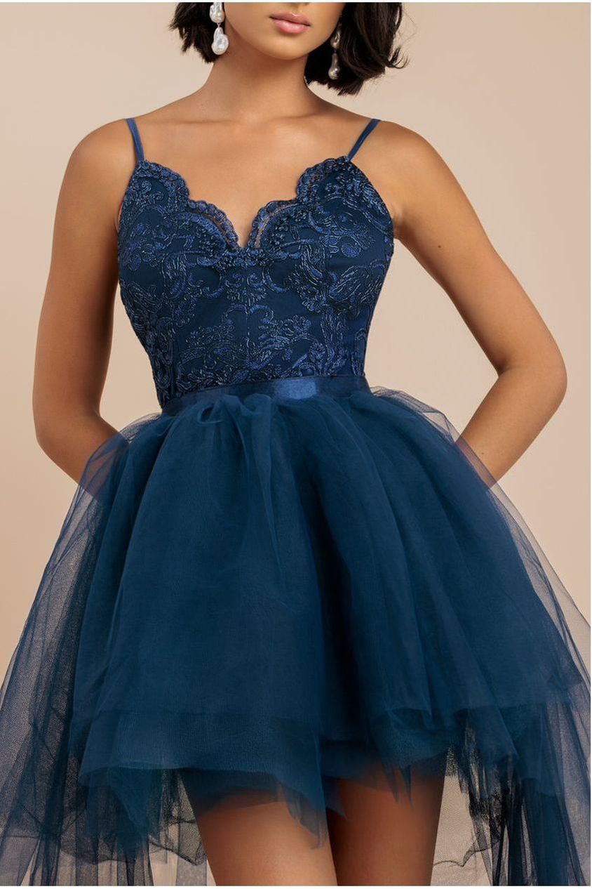 High Low Tulle Mini With Lace Bodice - Navy DR3061