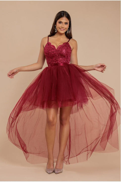 High Low Tulle Mini With Lace Bodice - Wine by Goddiva