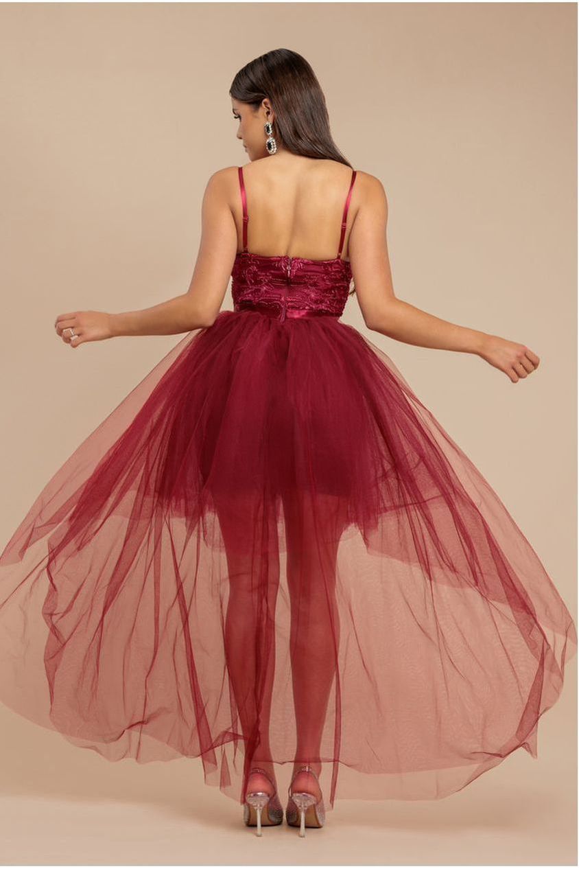 High Low Tulle Mini With Lace Bodice - Wine DR3061