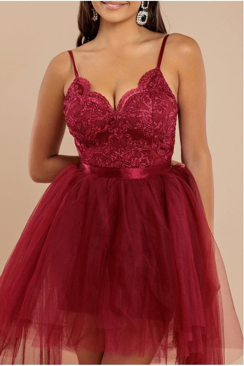 High Low Tulle Mini With Lace Bodice - Wine DR3061