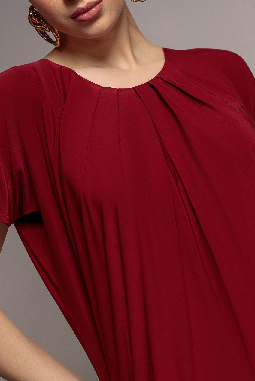 Slouchy Short Sleeve Midi Dress With Round Neck - Wine DR3090