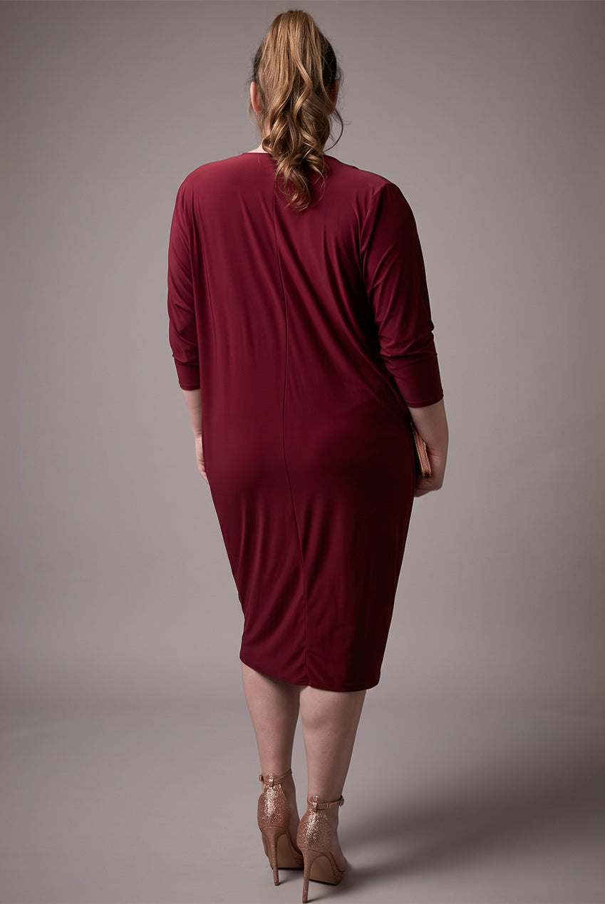Loose Fit Midi Dress With Asymmetric Neck - Wine DR3092