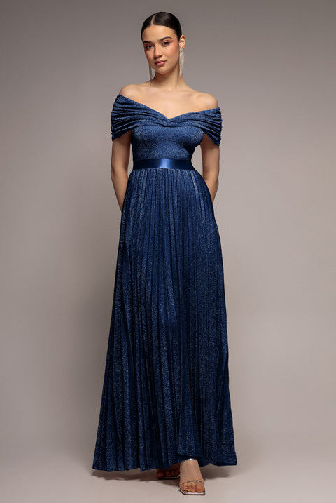 Bardot Pleated Skirt Maxi Dress - Navy by Goddiva