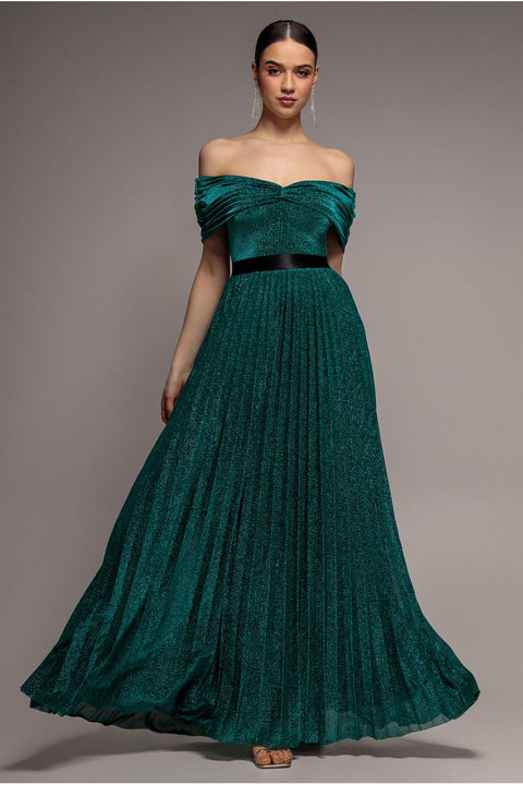 Bardot Pleated Skirt Maxi Dress - Emerald by Goddiva
