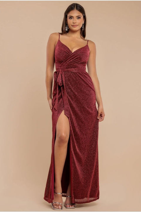 Wrap Style Spaghetti Strap Maxi With Split - Wine by Goddiva