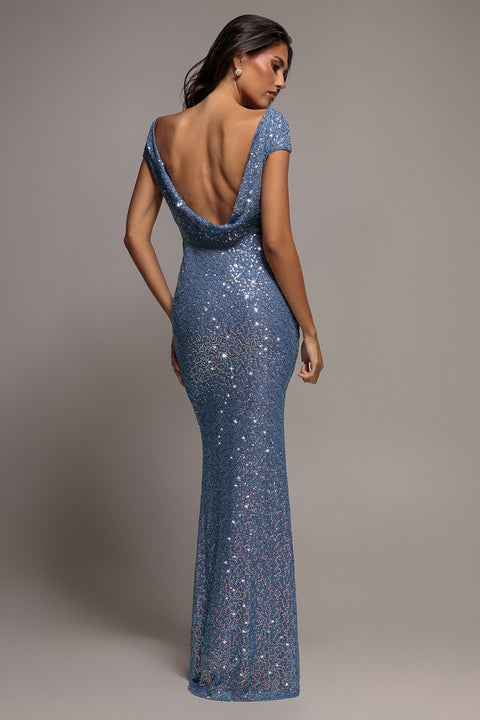 Cowl Back Sequin Maxi Dress - Blue by Goddiva
