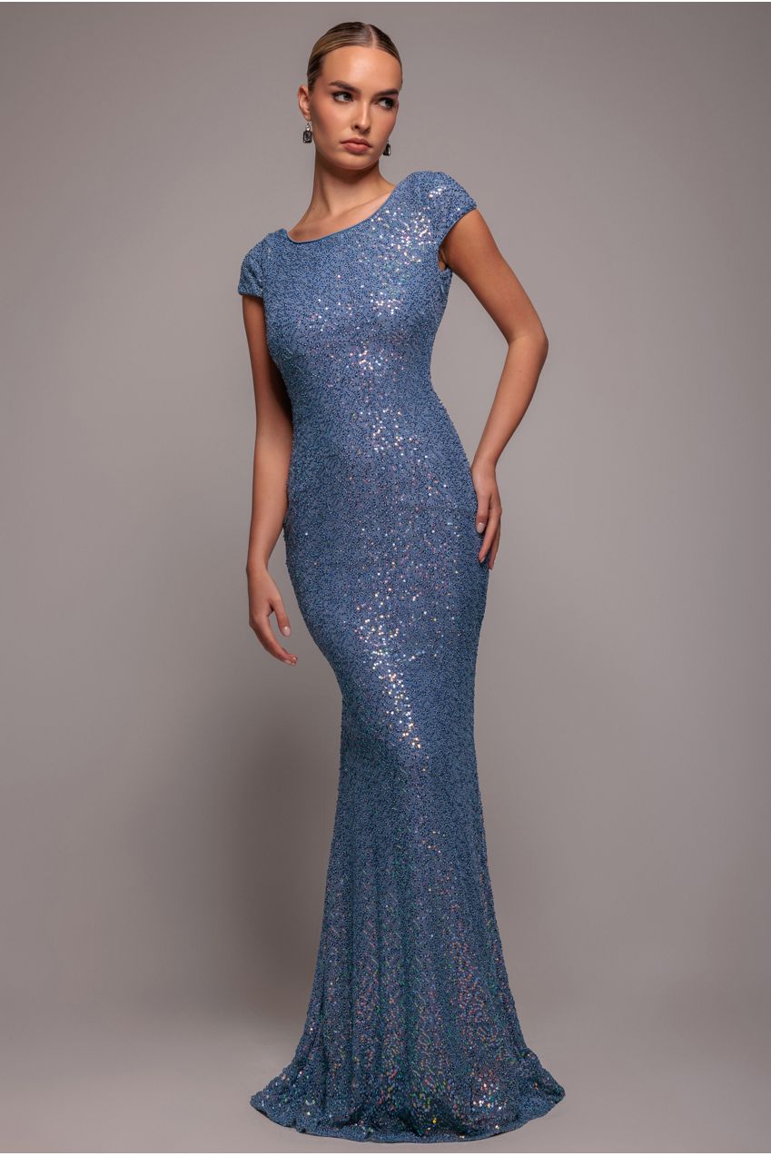 Cowl Back Sequin Maxi Dress - Blue DR3191