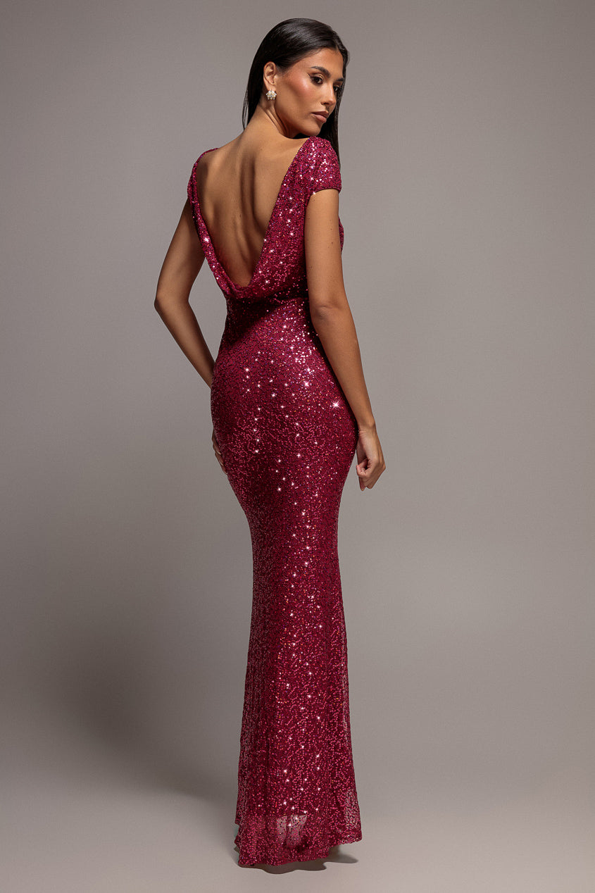 Cowl Back Sequin Maxi - Burgundy DR3191