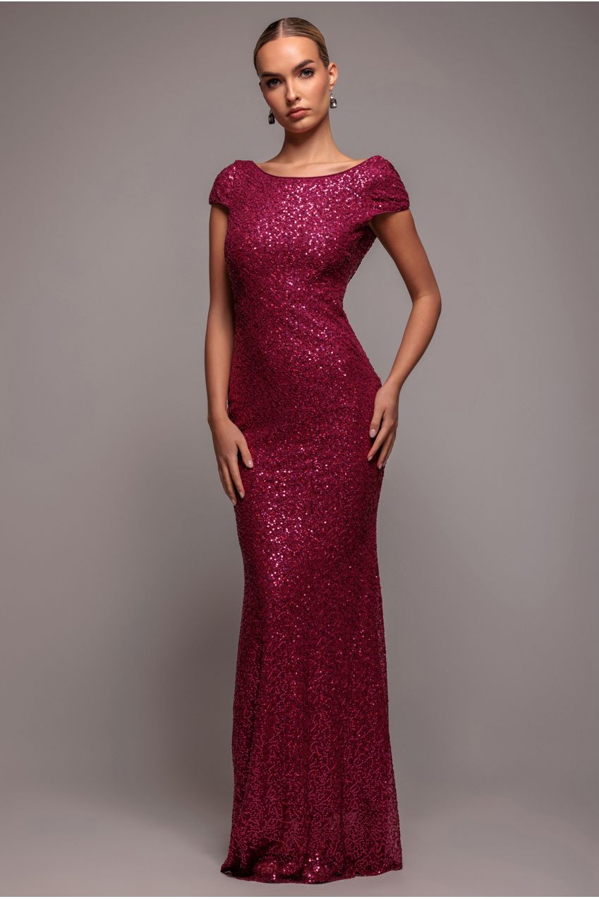 Cowl Back Sequin Maxi - Burgundy DR3191