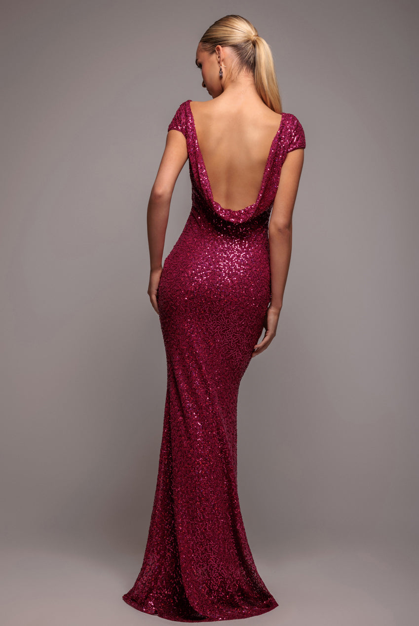 Cowl Back Sequin Maxi - Burgundy DR3191