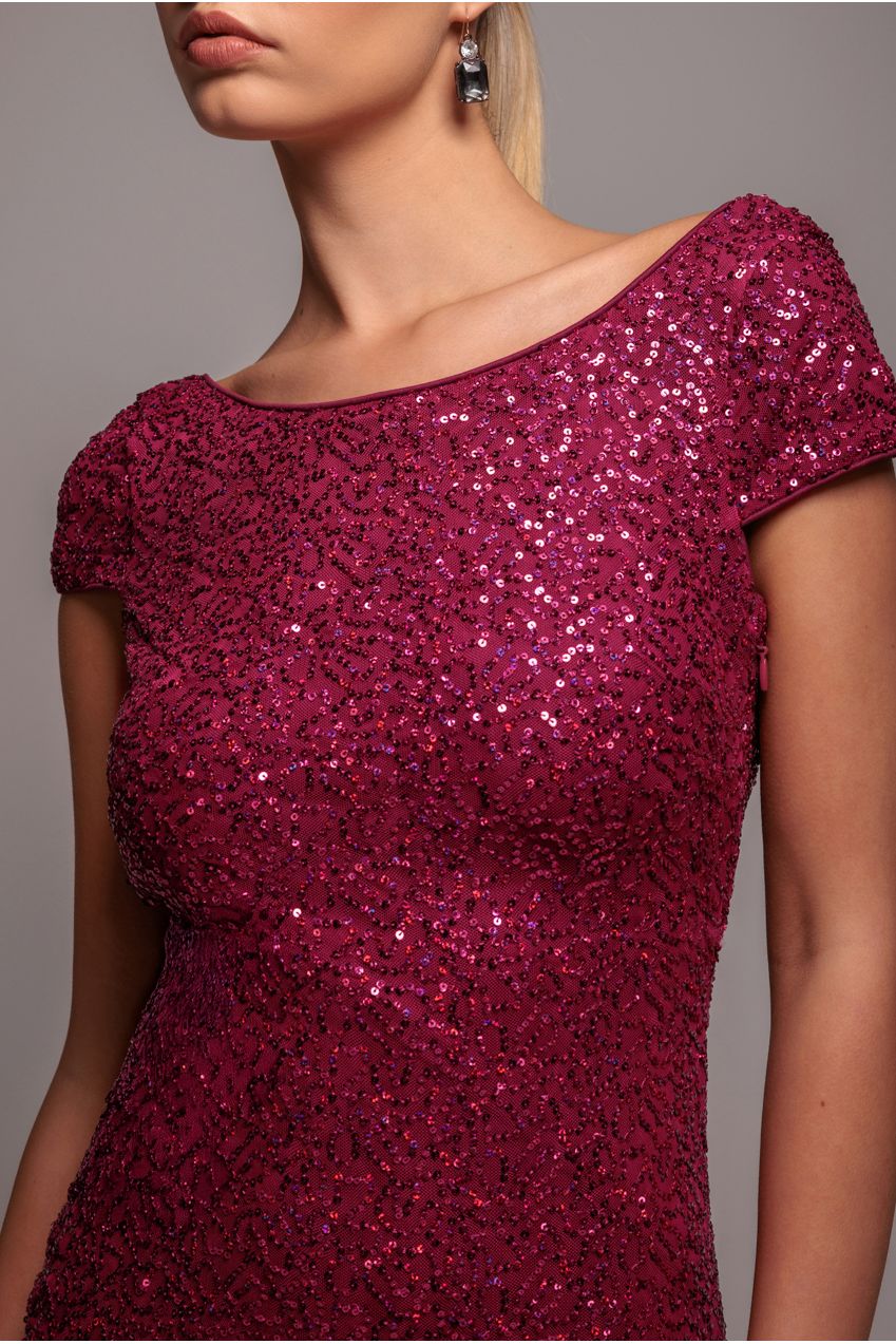 Cowl Back Sequin Maxi - Burgundy DR3191