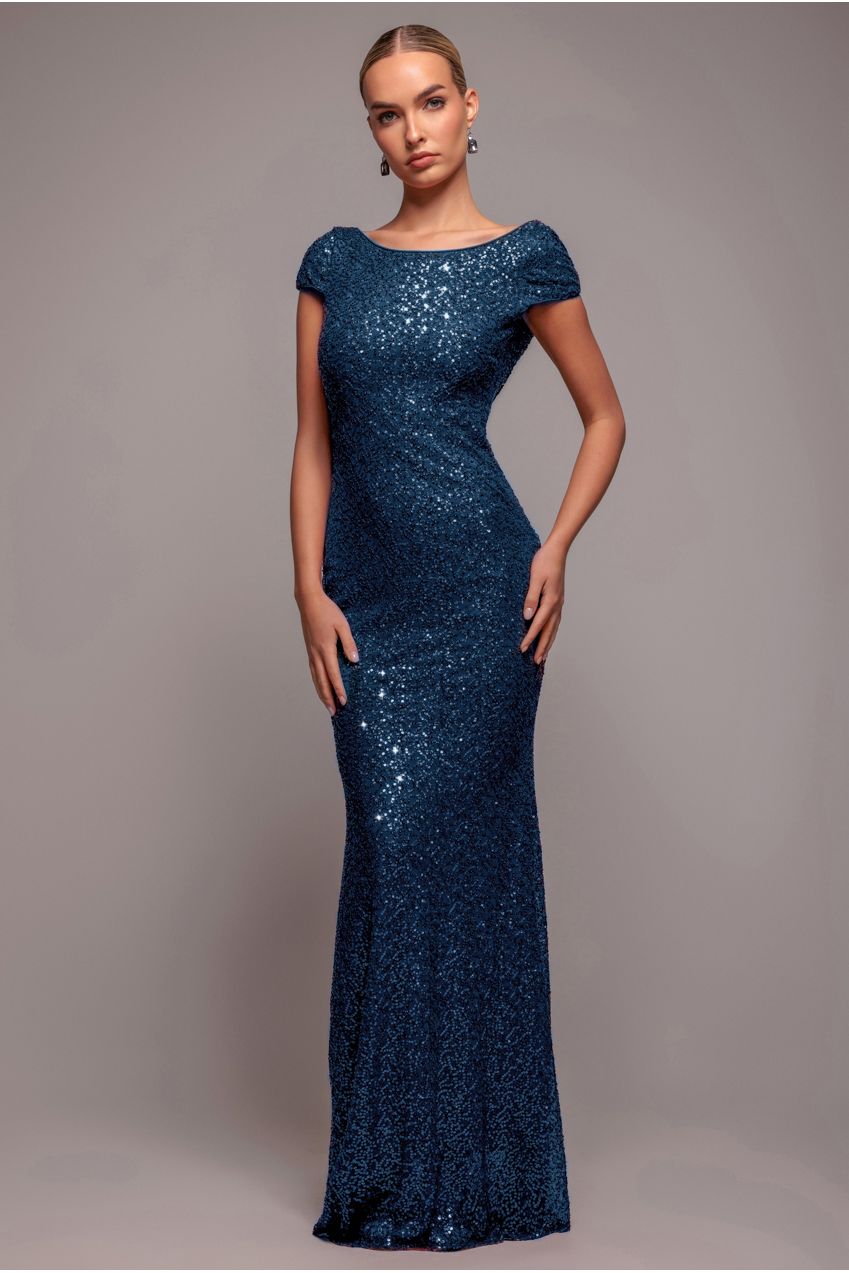 Cowl Back Sequin Maxi Dress - Navy DR3191