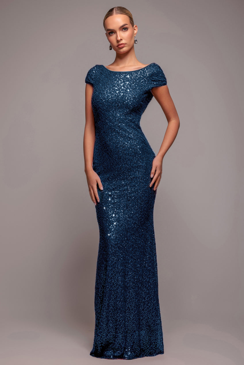 Cowl Back Sequin Maxi Dress - Navy DR3191