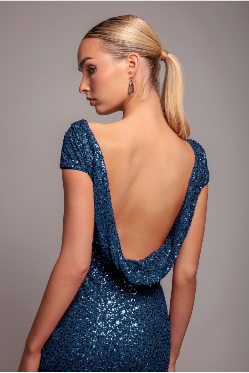 Cowl Back Sequin Maxi Dress - Navy DR3191