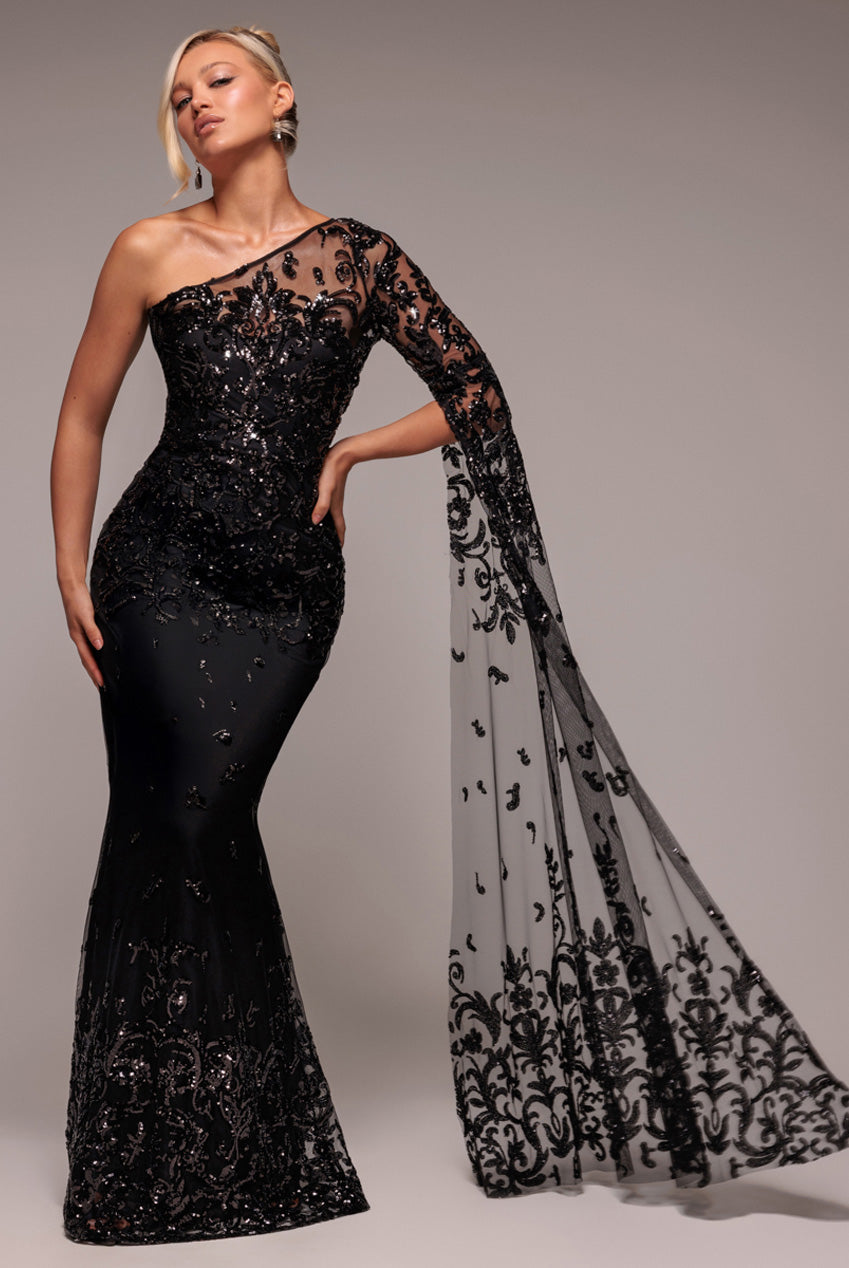 Sequin Mesh One Shoulder Evening Maxi Dress - Black DR3195