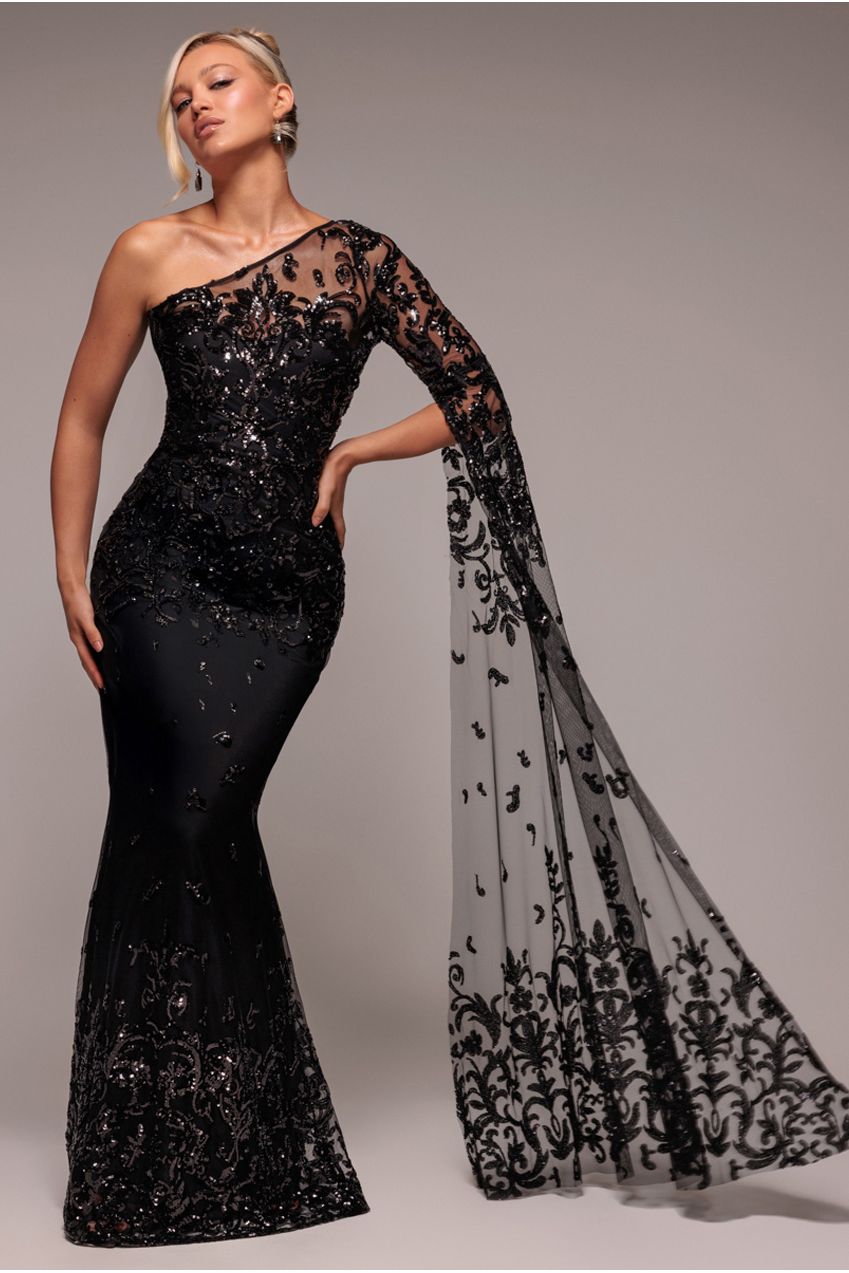 Sequin Mesh One Shoulder Evening Maxi Dress - Black DR3195