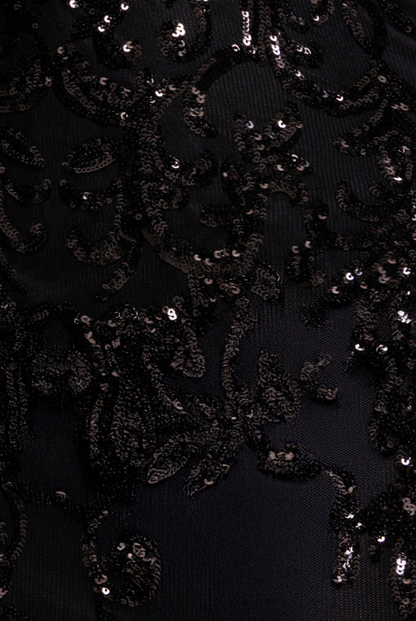 Sequin Mesh One Shoulder Evening Maxi Dress - Black DR3195