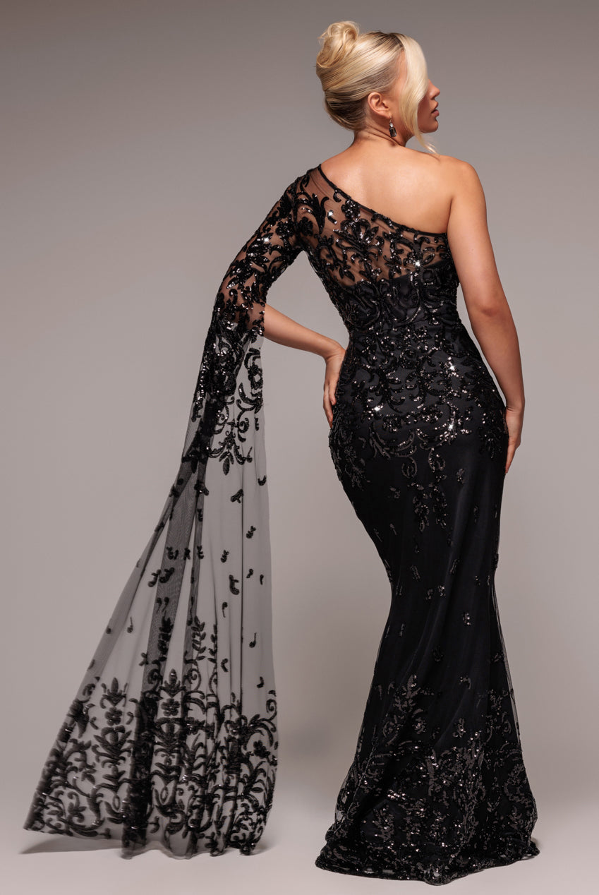 Sequin Mesh One Shoulder Evening Maxi Dress - Black DR3195