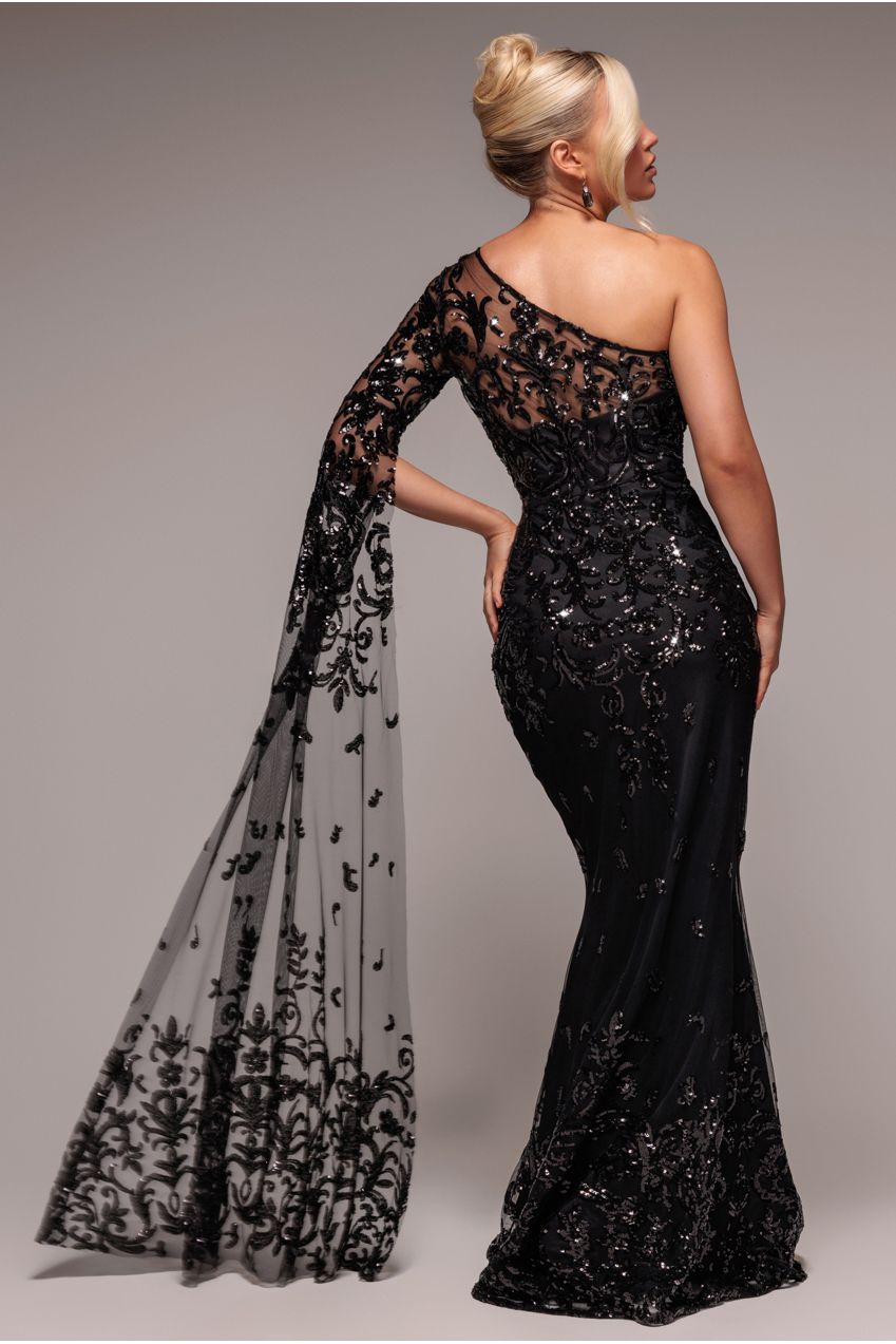 Sequin Mesh One Shoulder Evening Maxi Dress - Black DR3195