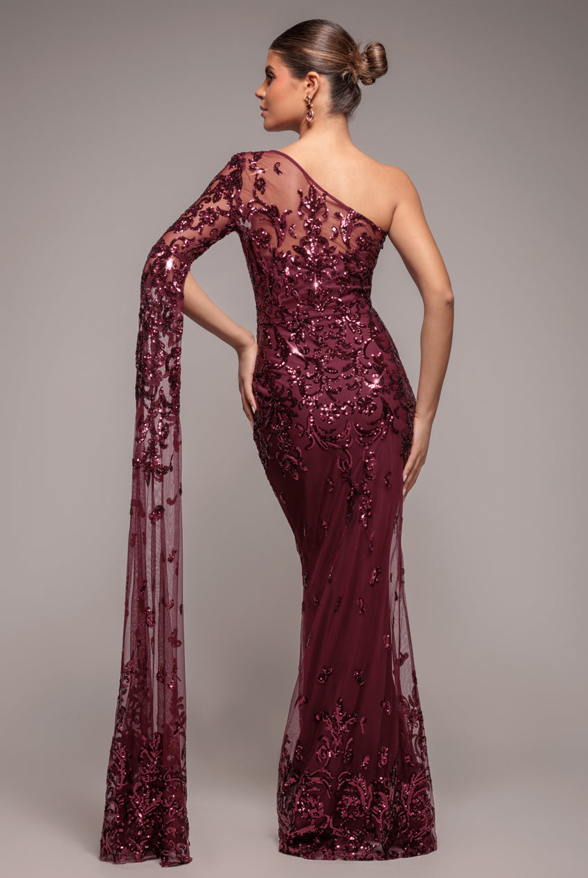 Sequin Mesh One Shoulder Evening Maxi - Burgundy DR3195