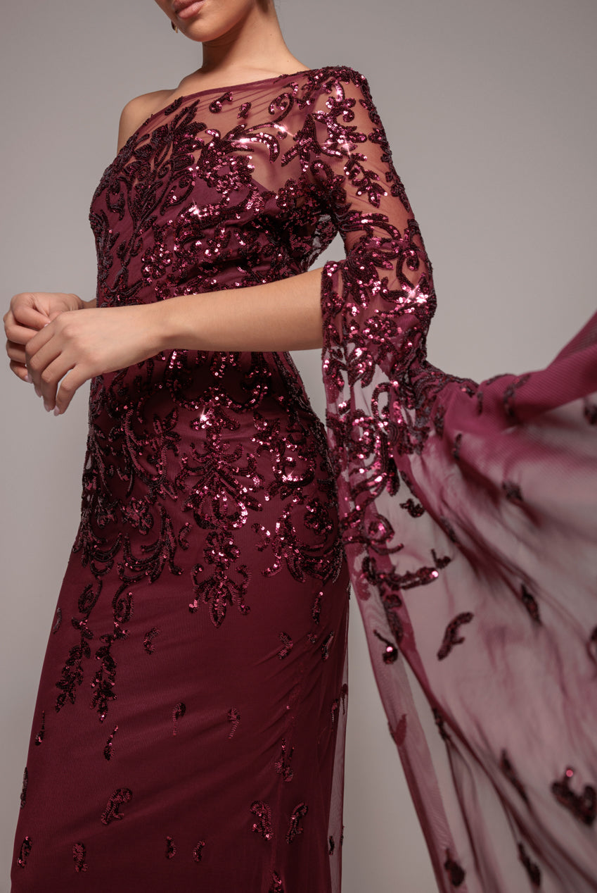 Sequin Mesh One Shoulder Evening Maxi - Burgundy DR3195
