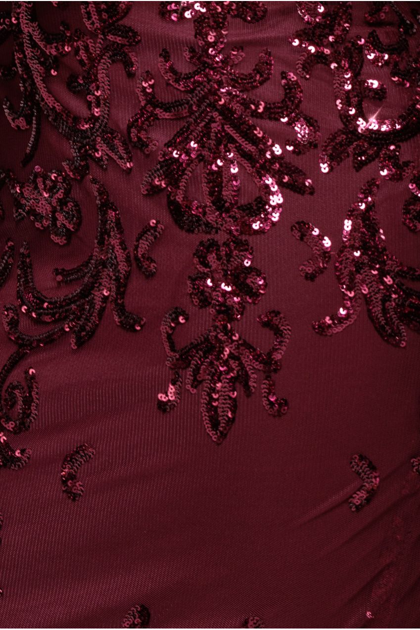 Sequin Mesh One Shoulder Evening Maxi - Burgundy DR3195