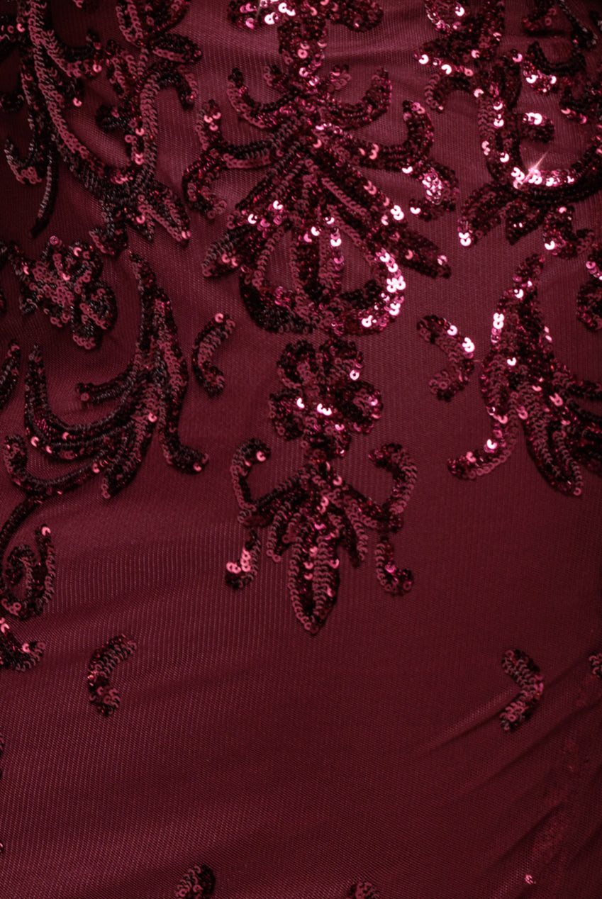Sequin Mesh One Shoulder Evening Maxi - Burgundy DR3195