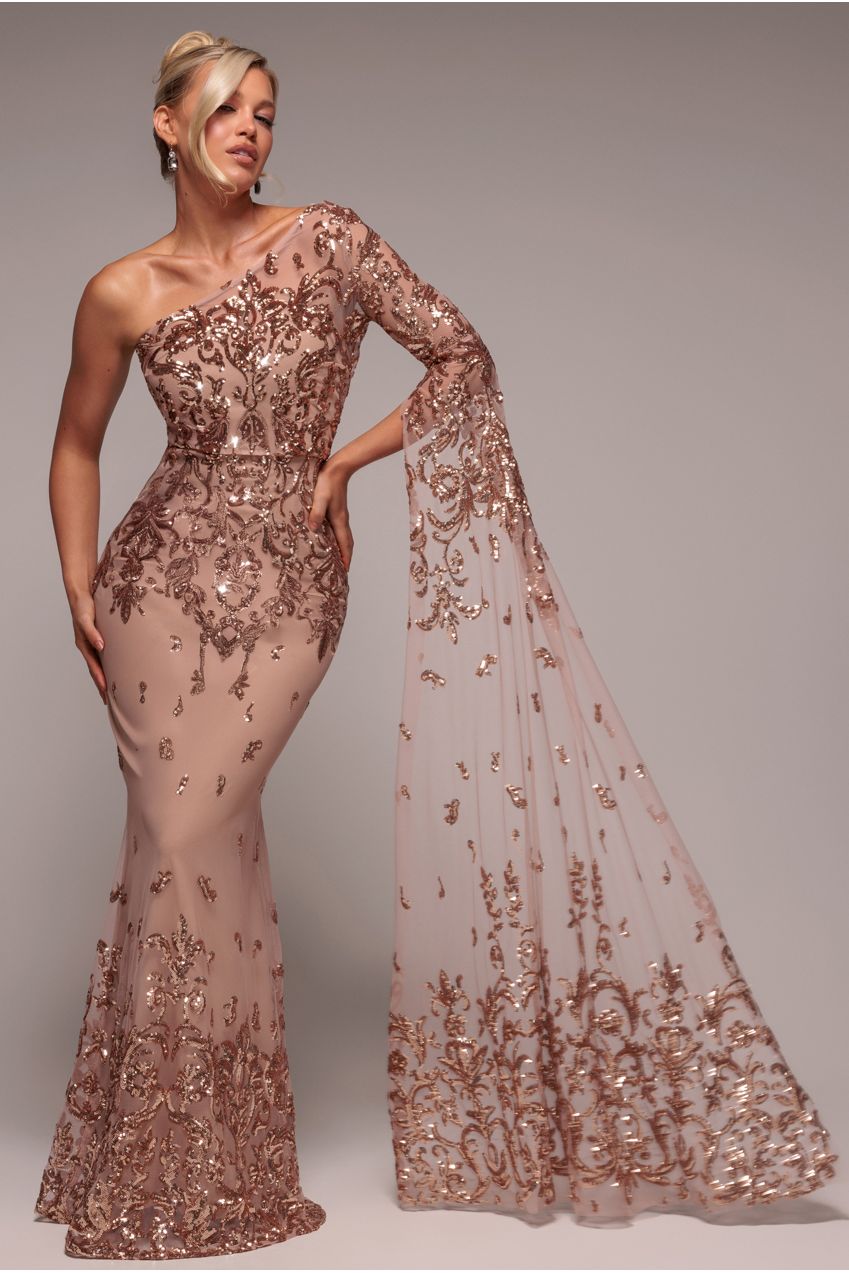 Sequin Mesh One Shoulder Evening Maxi Dress - Champagne DR3195