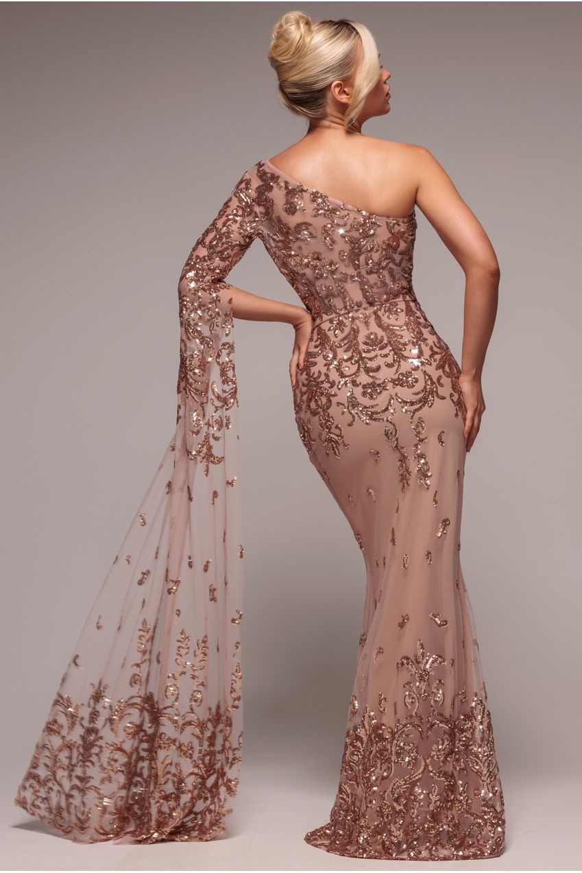 Sequin Mesh One Shoulder Evening Maxi Dress - Champagne DR3195