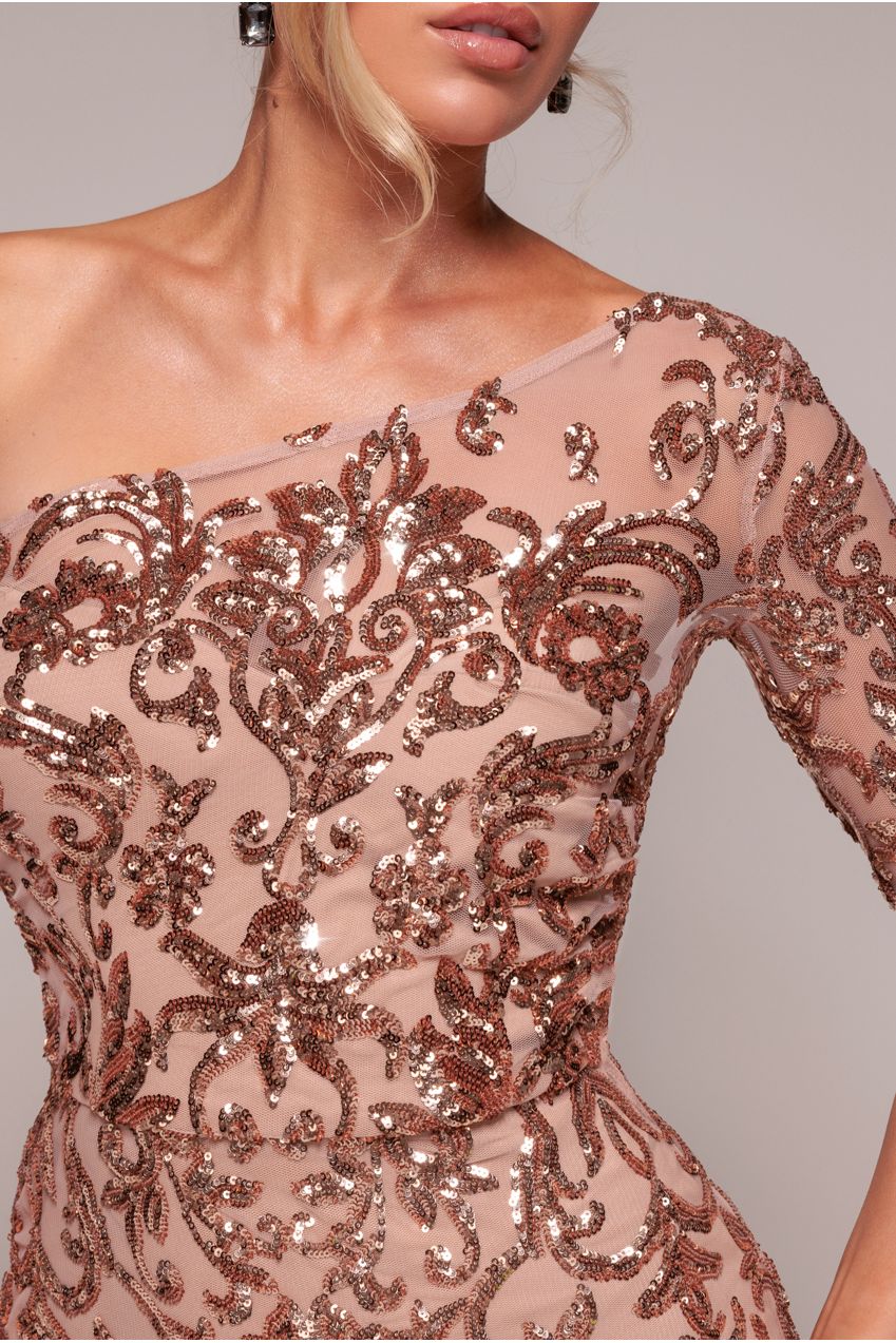 Sequin Mesh One Shoulder Evening Maxi Dress - Champagne DR3195