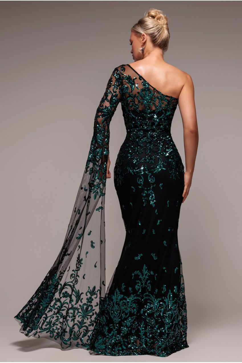 Sequin Mesh One Shoulder Evening Maxi Dress - Emerald Green DR3195