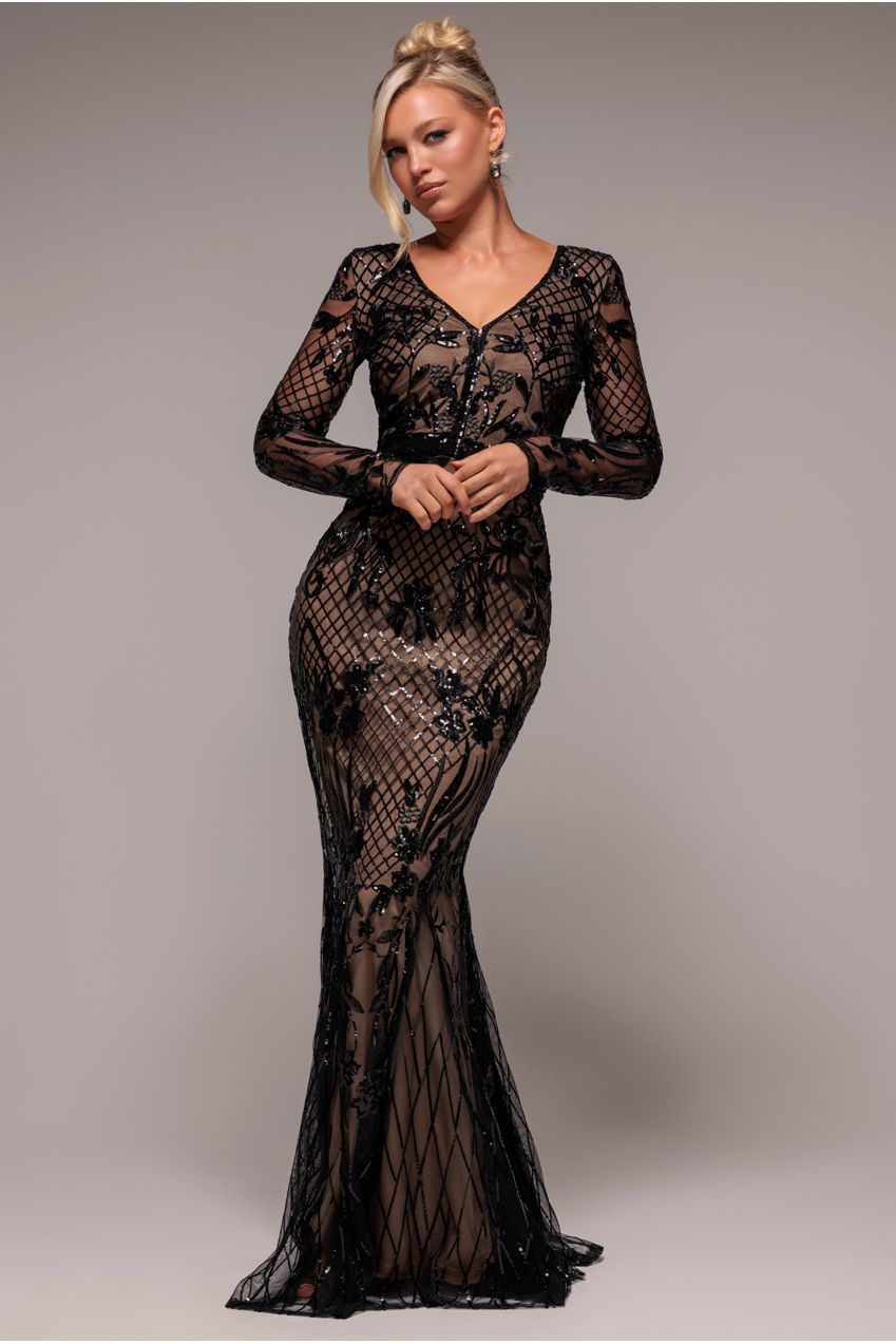 Full Sleeve Sequin Evening Dress - Black DR3196