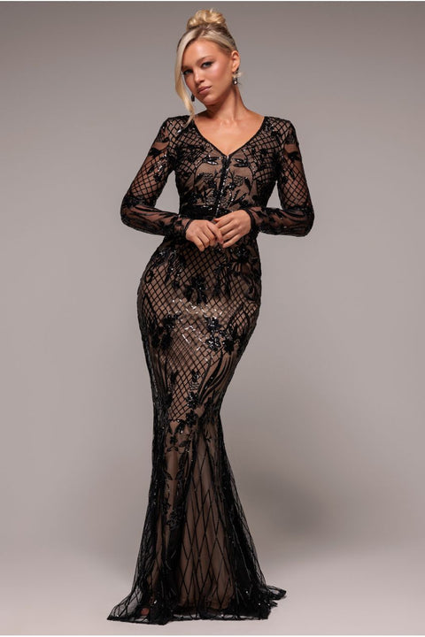 Full Sleeve Sequin Evening Dress - Black by Goddiva