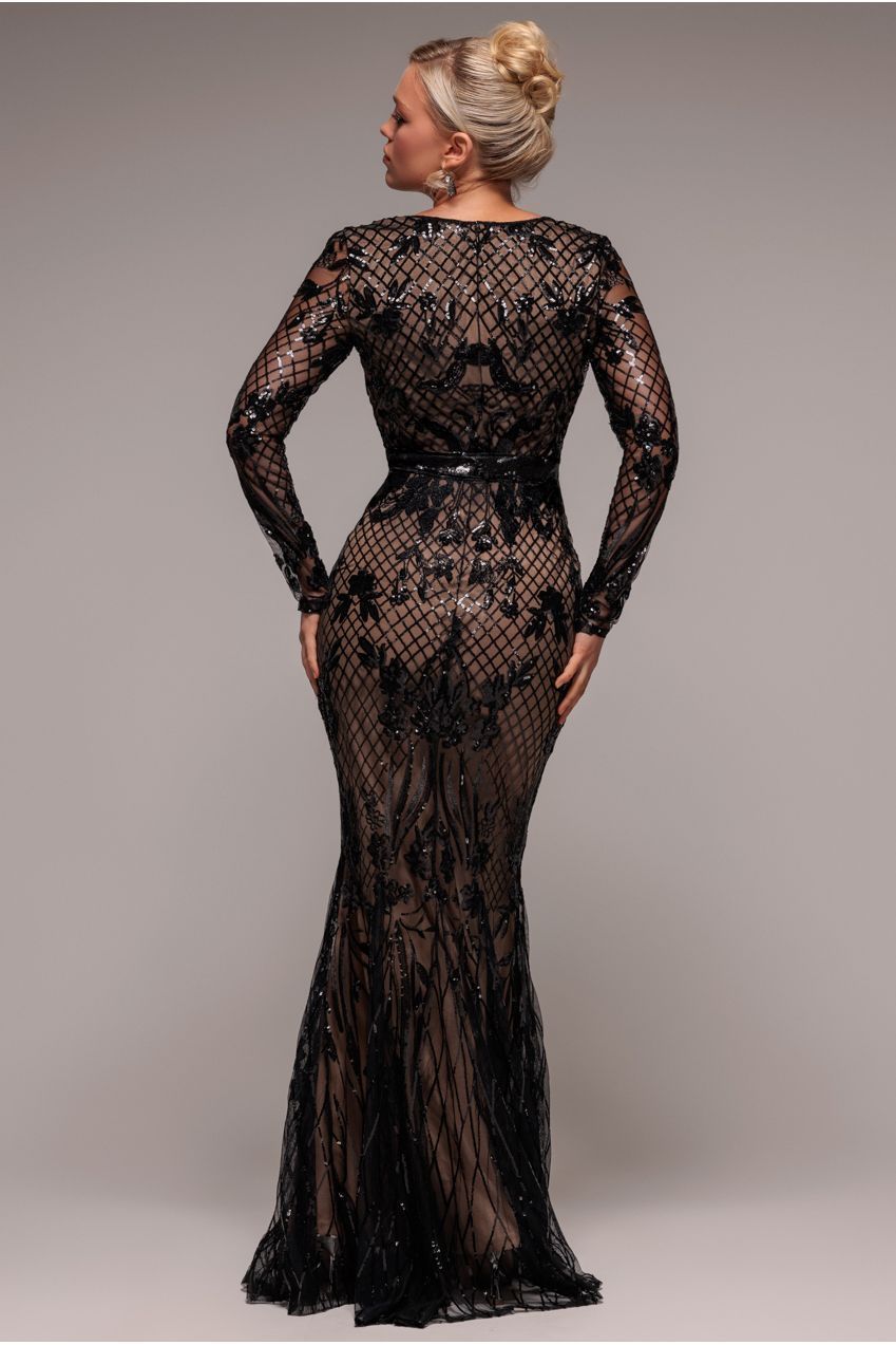 Full Sleeve Sequin Evening Dress - Black DR3196