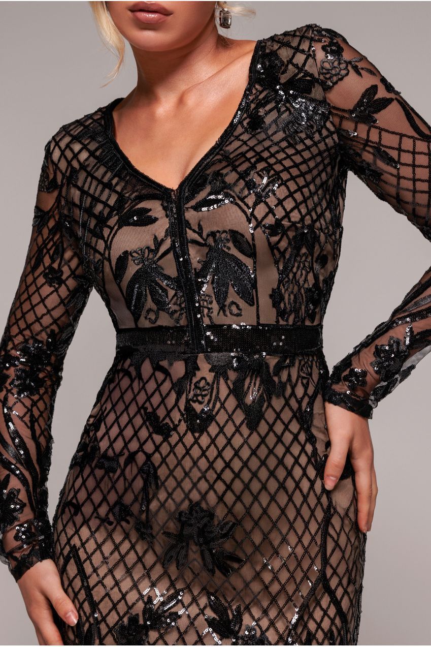 Full Sleeve Sequin Evening Dress - Black DR3196