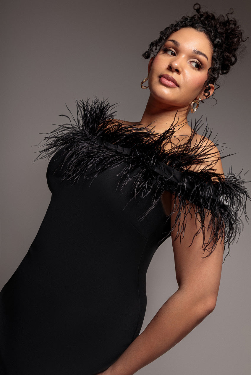 Off The Shoulder Feather Midi Dress - Black | Goddiva Off The Shoulder Feather Midi Dress - Black | Goddiva