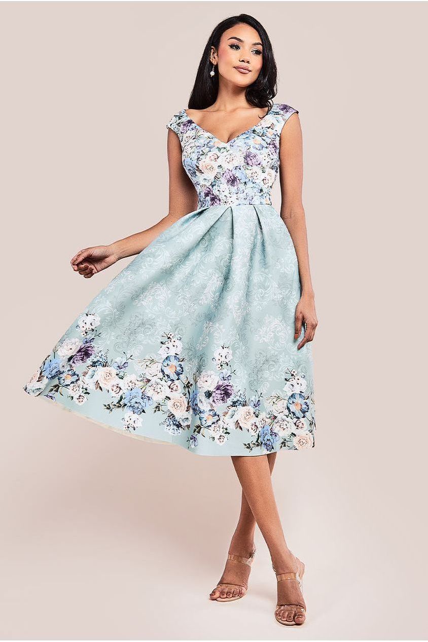 Sweetheart Floral Midi Dress - Sage Green | Goddiva Sweetheart Floral Midi Dress - Sage Green | Goddiva