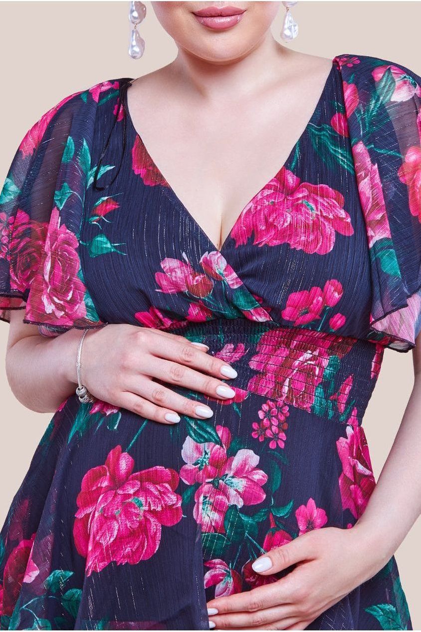 Maternity Layered Floral Midi Dress With Flutter Sleeves - Black Floral DR3219MAT