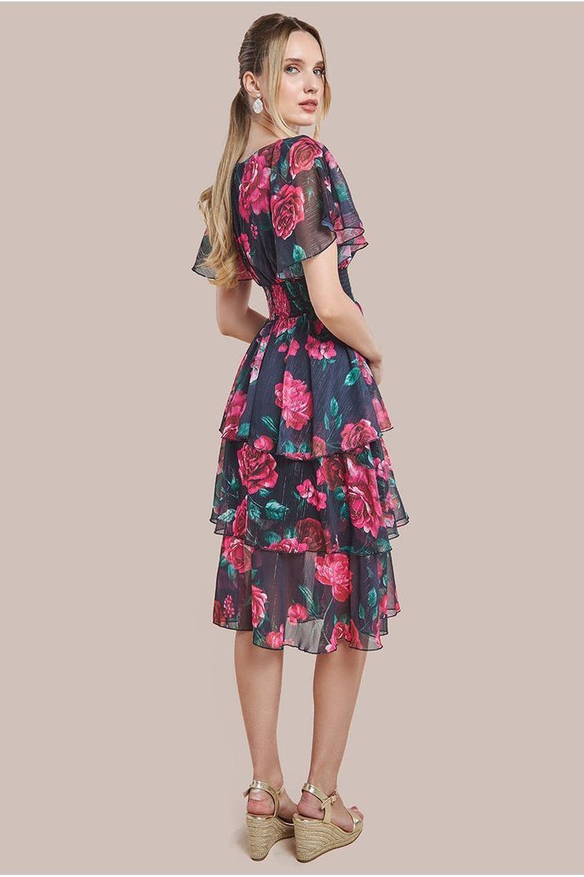 Layered Floral Midi Flutter Sleeves - Blackfloral DR3219QZ
